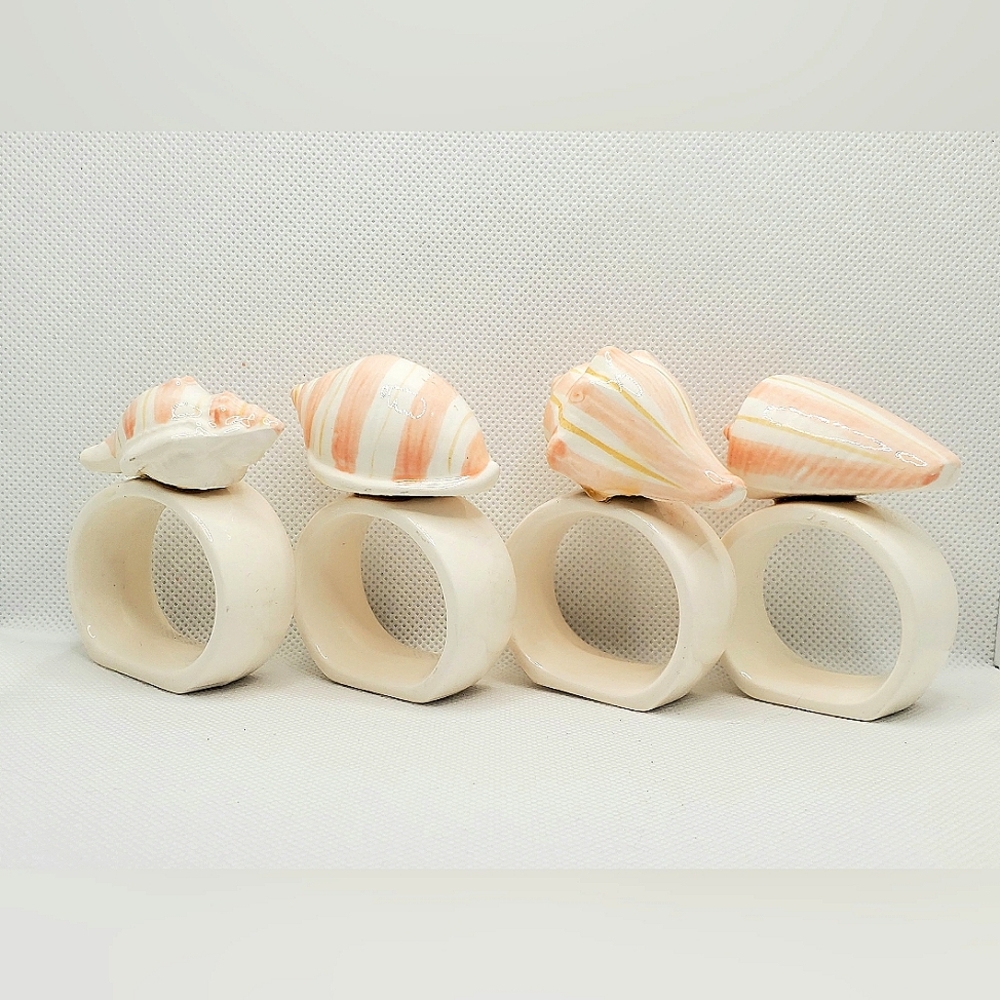 Creamy White & Coral Seashell Napkin Rings- Set of 4